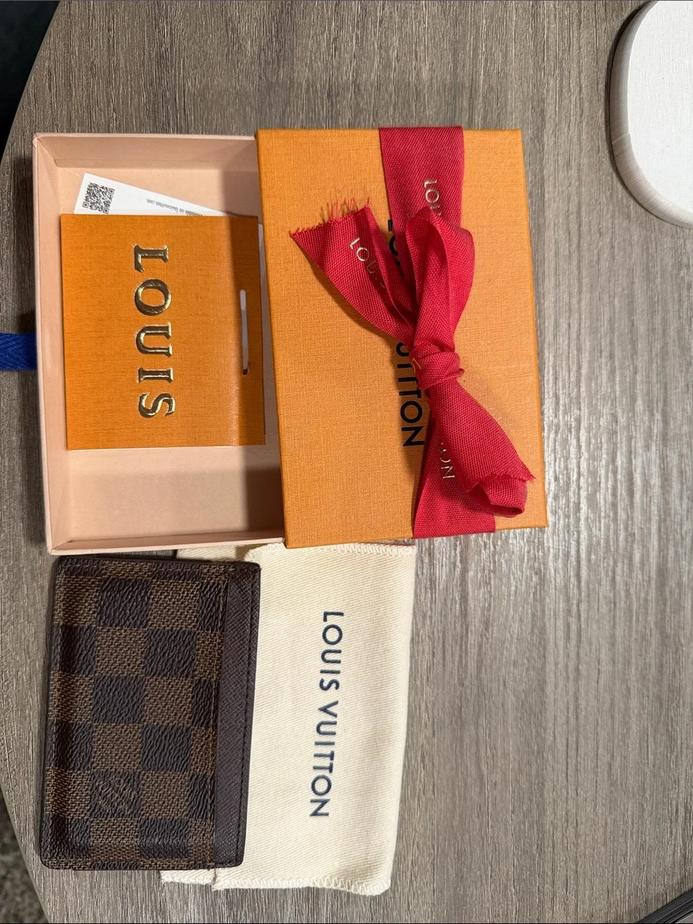 Louis Vuitton Damier Ebene Card Holder with Orange Gift Box and Red Ribbon